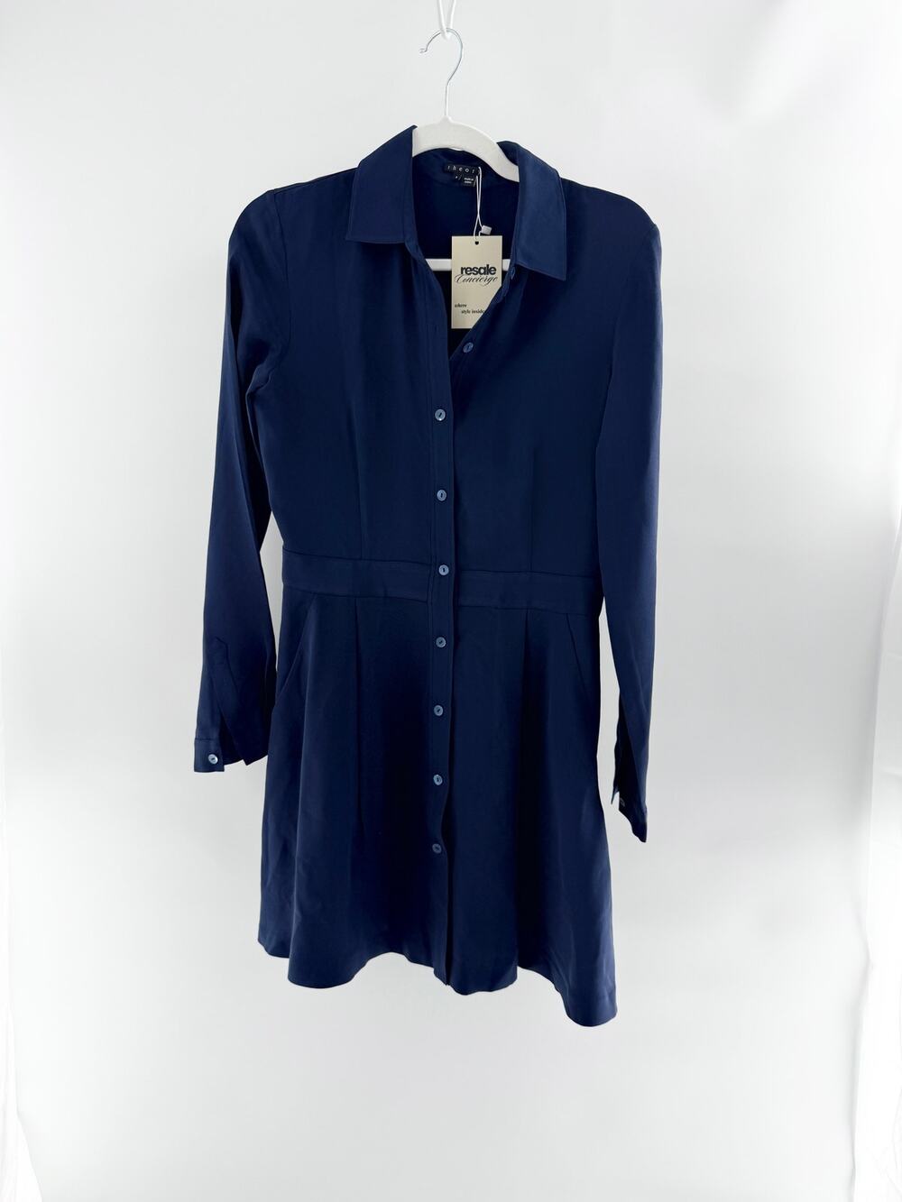 Theory 100% Silk Long Sleeve Button-Front Mini Shirtdress Navy Blue Women's 4